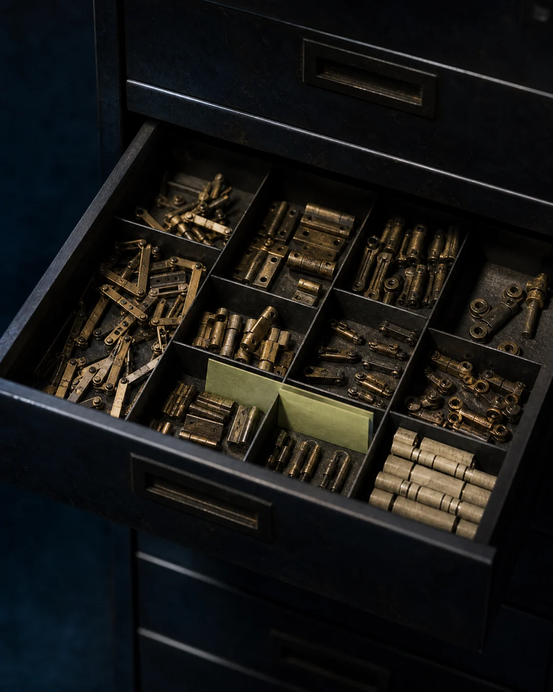Mechanical puppet hinges in archive drawer