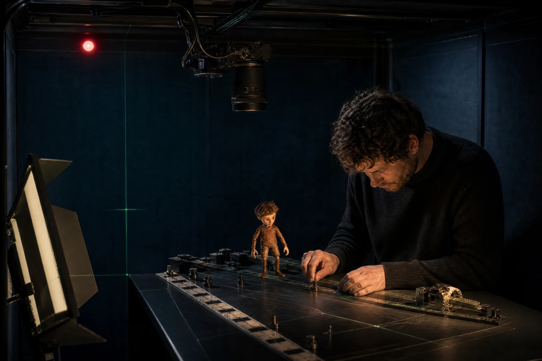 Animator photographing miniature stop-motion set