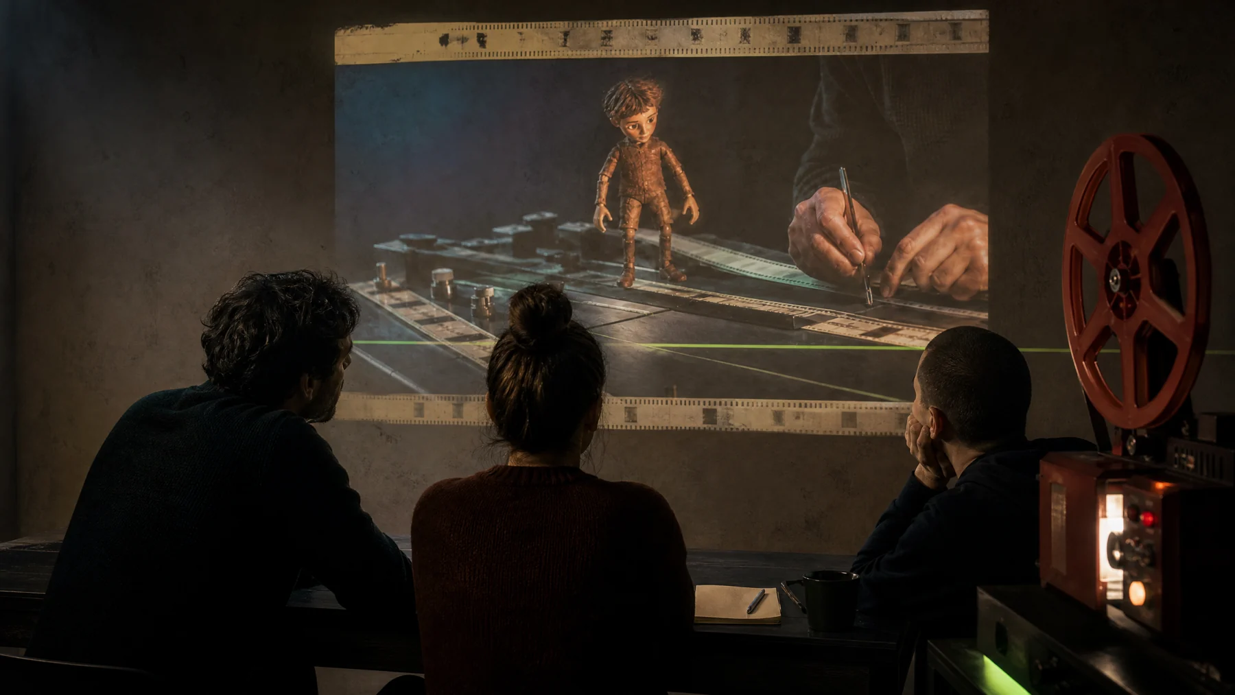 Three people reviewing projected stop-motion frames